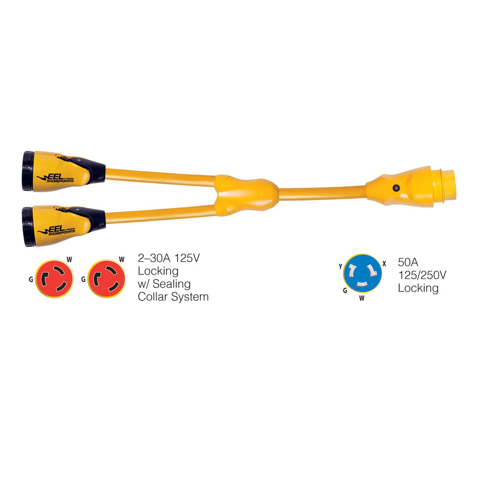 Marinco Y504-2-30 EEL (2)-30A-125V Female to (1)50A-125/250V Male "Y" Adapter - Yellow [Y504-2-30] - First Stop Marine