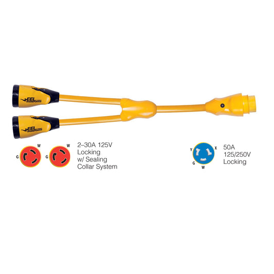 Marinco Y504-2-30 EEL (2)-30A-125V Female to (1)50A-125/250V Male "Y" Adapter - Yellow [Y504-2-30] - First Stop Marine