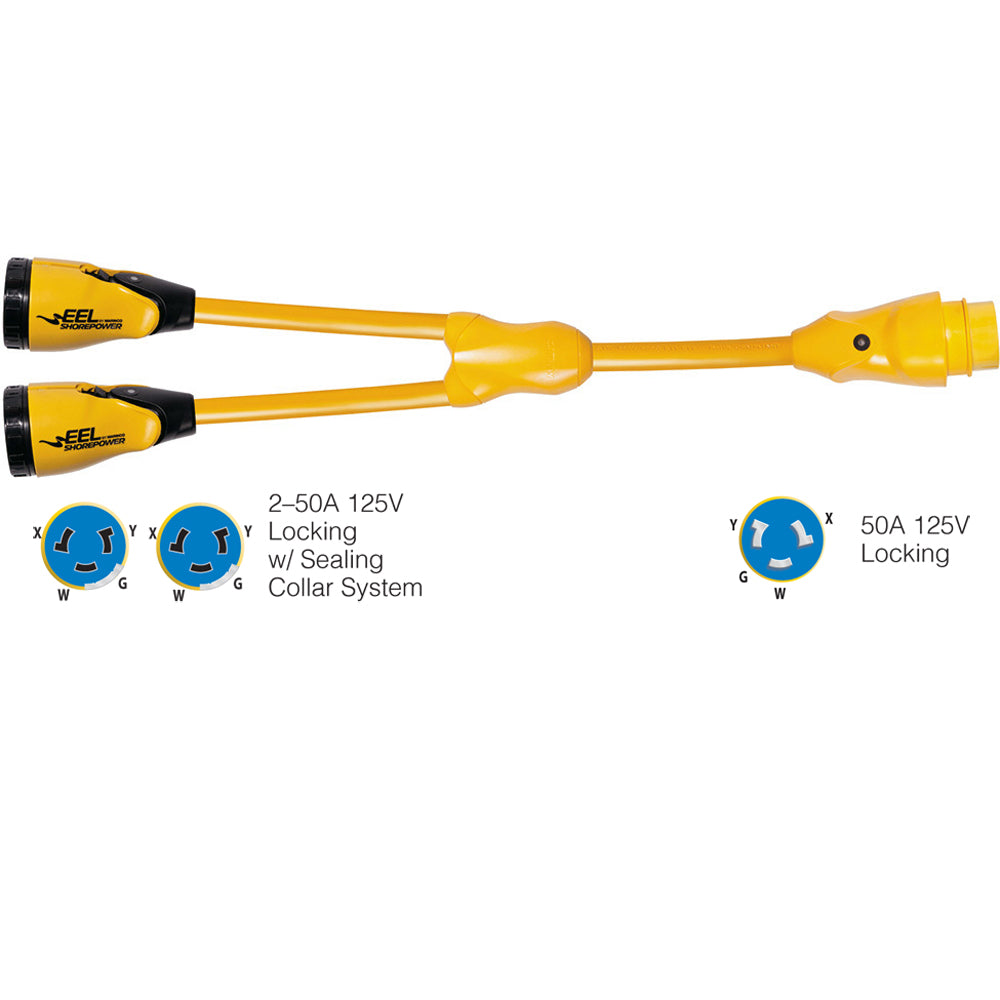 Marinco Y504-2-504 EEL (2)50A-125/250V Female to (1)50A-125/250V Male "Y" Adapter - Yellow [Y504-2-504] - First Stop Marine