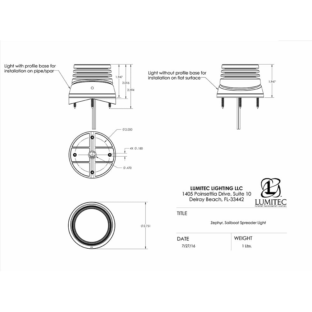 Lumitec Zephyr LED Spreader/Deck Light -Brushed, Black Base - White Non-Dimming [101326] - First Stop Marine