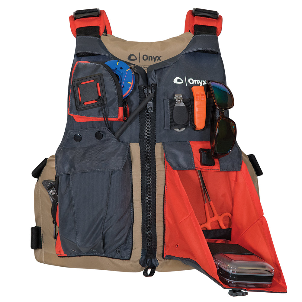 Onyx Kayak Fishing Vest - Adult Universal - Tan/Grey [121700-706-004-17] - First Stop Marine